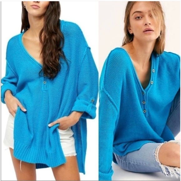 We The Free FREE PEOPLE firefly knit Blue V-Neck Sweater tunic Relaxed Fit - Picture 1 of 12